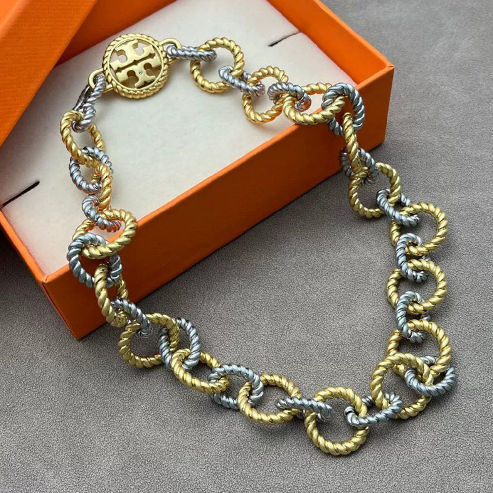 Tory Burch Twisted Rope Design Double Gold Plated Copper Bracelet Necklace Set - Picture 7 of 7